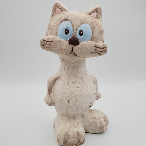 Vintage Anthropomorphic Cat Figurine Textured Terracotta Big Feet Cute Face - Picture 6 of 6
